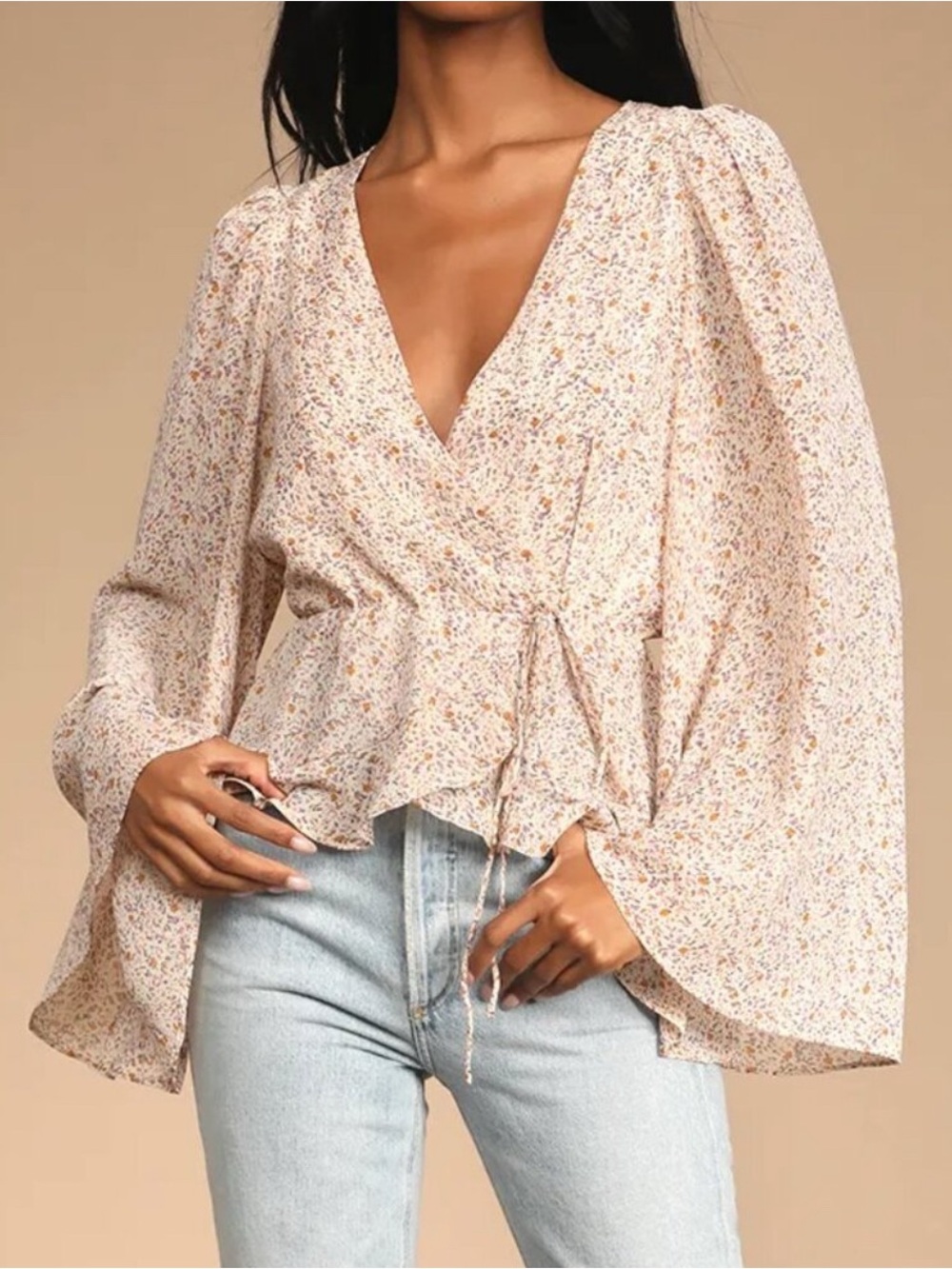 Lulu's ditsy floral Cream Floral Wrap Blouse